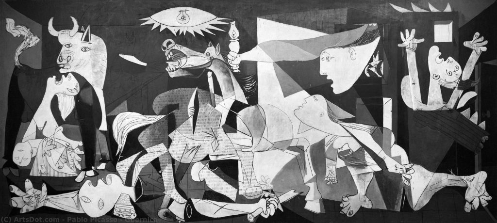 Picassos Werk GUERNICA, welches Patti Smith zum Schreiben des Gedichtes THE GEOMETRY BLINKED RUIN UNIMAGINABLE aus ihrem Werk AUGURIES OF INNOCENCE inspirierte.