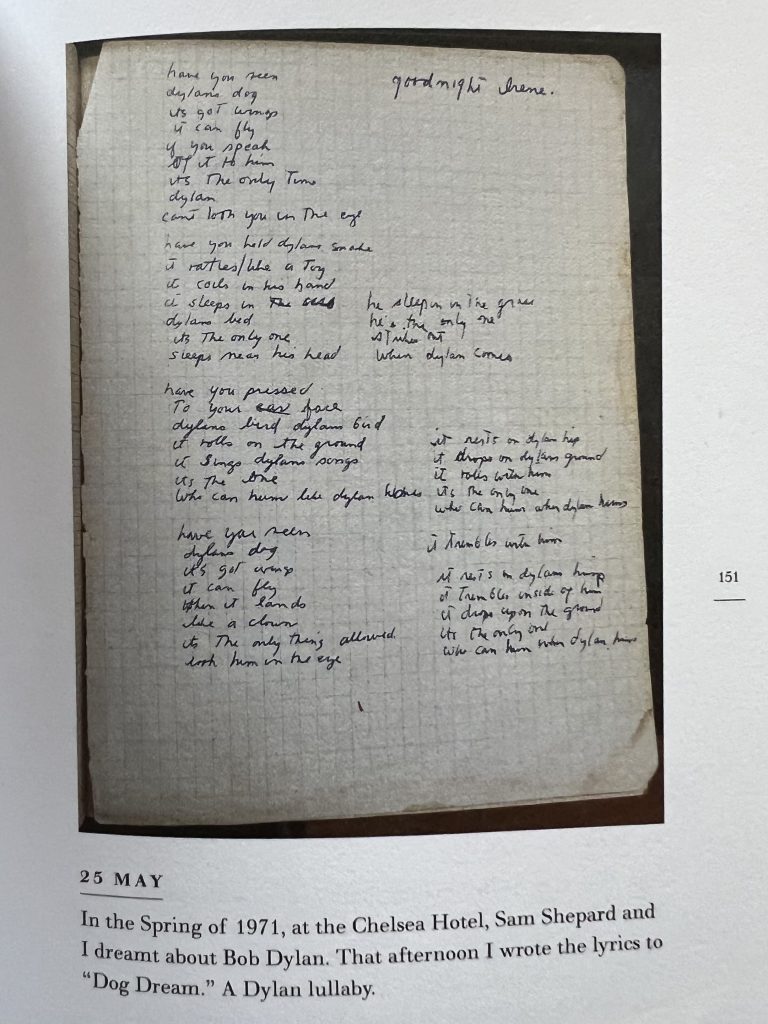 Ausschnitt aus Patti Smith A Book Of Days mit den Lyrics von Dog Dream anlässlich des Geburtstages von Bob Dylan.