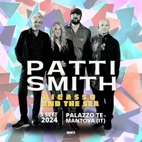 Ein Bild des Posters zur Ankündigung des Konzerts "Patti Smith - Pasolini and the sea" für den 5. September 2024. Auf dem Poster sieht man von links nach rechts Tony, Patti, Jackson und Seb in schwarz weiß, der Hintergrund ist wie ein grobes Mosaik in bunt.