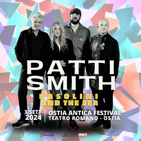 Ein Bild des Posters zur Ankündigung des Konzerts "Patti Smith - Pasolini and the sea" für den 3. September 2024. Auf dem Poster sieht man von links nach rechts Tony, Patti, Jackson und Seb in schwarz weiß, der Hintergrund ist wie ein grobes Mosaik in bunt.