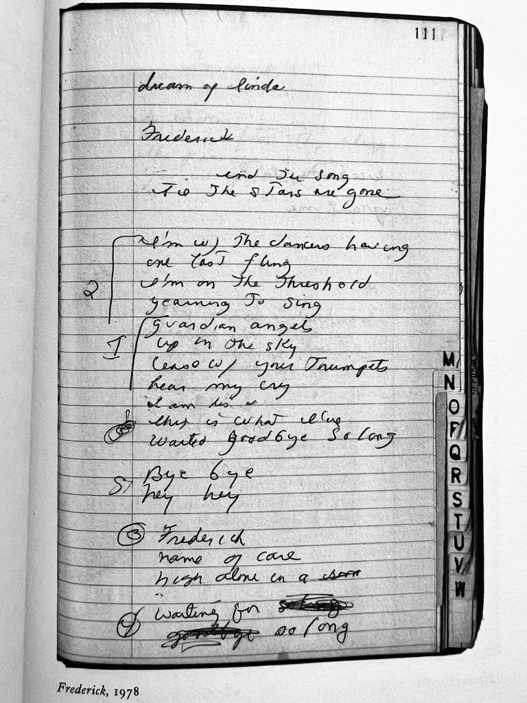 Zur Erinnerung an Fred Sonic Smith Auszug der handschriftlichen Notizen zu FREDERICK. Dieses Fred gewidmete Lied, wurde 1979 als Lead-Single des Albums WAVE der Patti Smith Group veröffentlicht.
