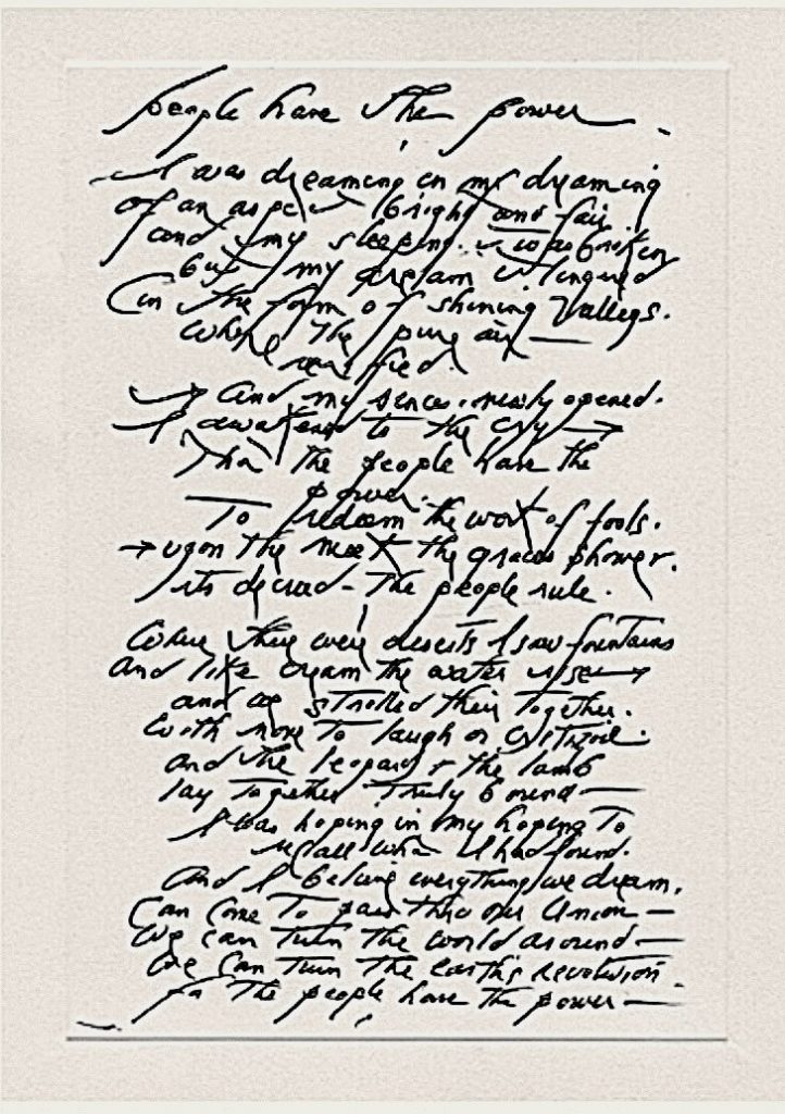 Patti Smith "People Have The Power". Bild vom Songtext in Pattis Handschrift.