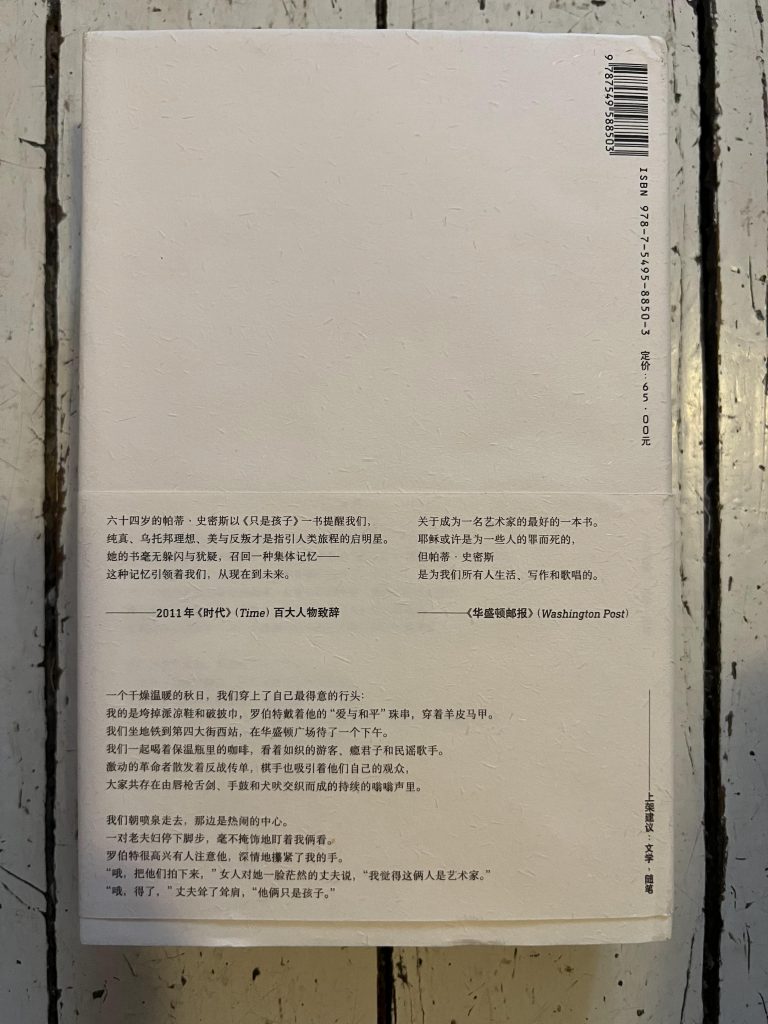 Patti Smith Buch Just Kids, Buchdeckel Rückseite der chinesischen Ausgabe