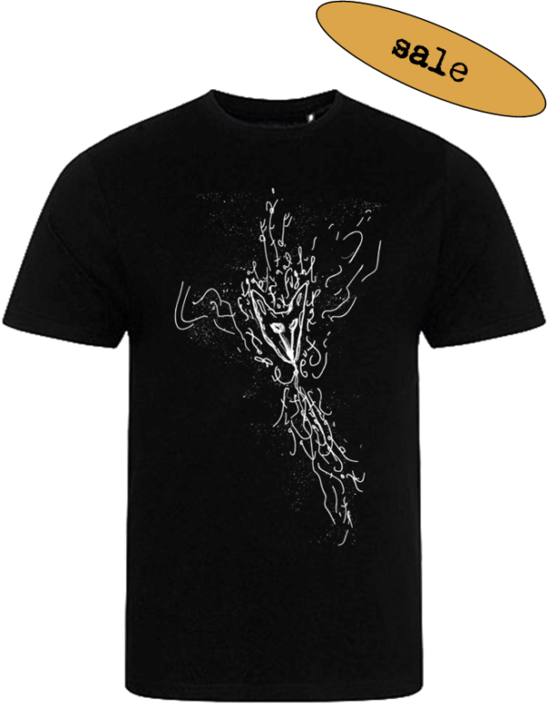 T-shirt (black) <br> “fugal fox in the center of imagined music” <br> by Patti Smith