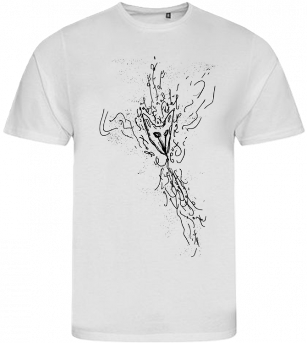 Patti Smith official T-shirt (white): fugal fox in the center of imagined music by Patti Smith; T-Shirt mit exklusiven Design von Patti Smith, superweich, moderne Passform, leichter Stoff, ökologisch, nachhaltig, 100% Bio, handgedruckt