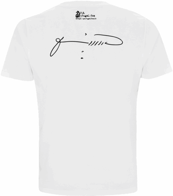 Rückseite des weißen „in the center of imagined music“ T-Shirts mit Patti Smiths Original-Unterschrift als Druck