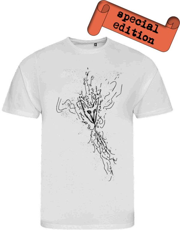 Vorderseite des weißen „in the center of imagined music“ T-Shirts – Special Edition von Patti Smith, Rückseite mit Original-Unterschrift als Druck