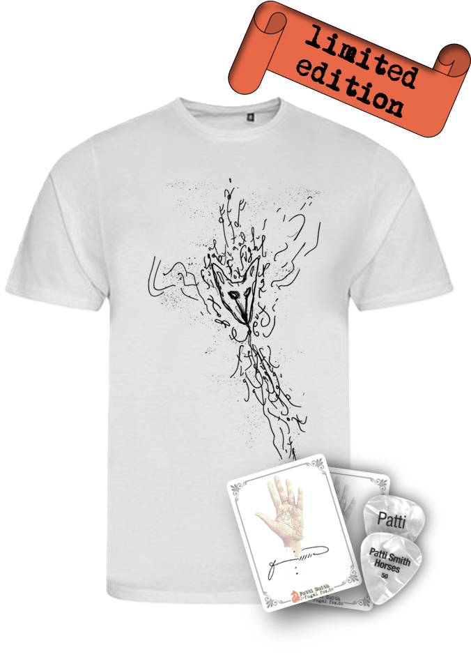Zur Veröffentlichung von Patti Smith Bread of Angels, ein limitiertes Bundle: 1x T-shirt fugal fox; 1x Bookplate (Exlibris), handsigniert von Patti Smith. Die ersten 30 Bestellungen erhalten zusätzlich das Gitarren Pick zum 50-jährigen Jubiläum von Horses.